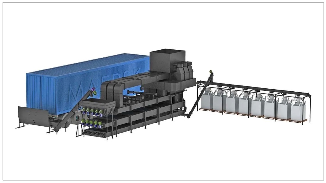 ARTi’s pyrolysis reactor (top) converts woody biomass into biochar (bottom), a carbon-rich material used to improve soil health and store carbon long term. (Images courtesy of ARTi)