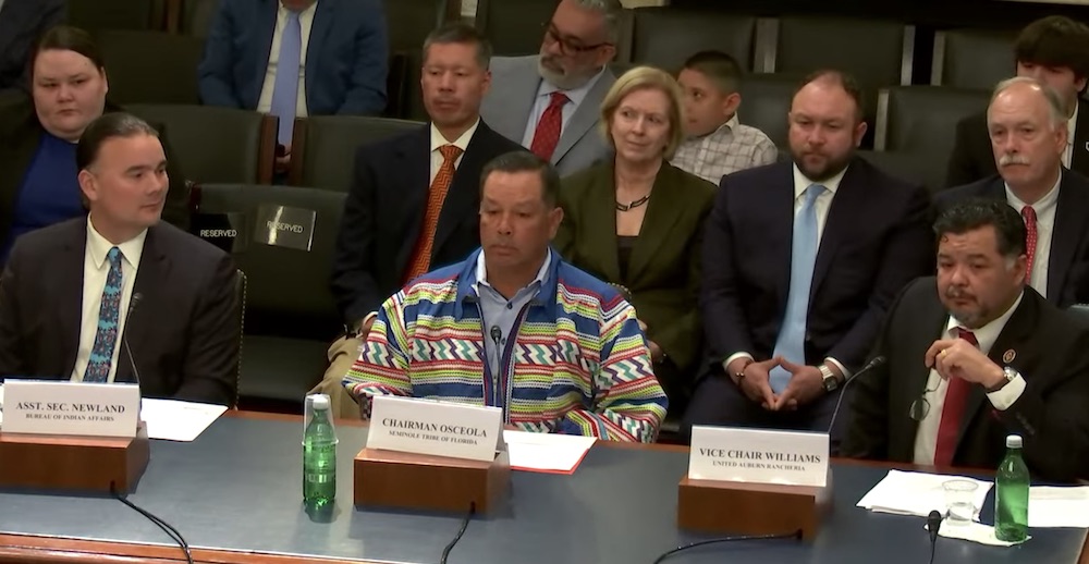 The House Subcommittee on Indian and Insular Affairs welcomed testimony from (left to right) Assistant Secretary-Indian Affairs Bryan Newland, Seminole Tribe of Florida Tribal Council Chair Marcellus Osecola Jr., and United Auburn Rancheria Vice Chair John Williams. (Photo: Hearing Screenshot)
