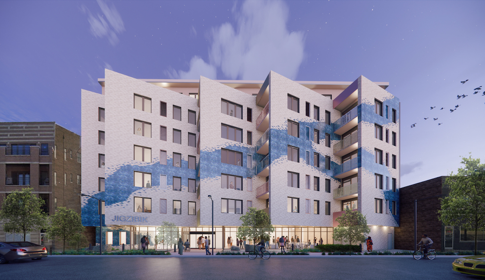 A rendering of Jigzibik, Chicago's first affordable housing development designed for Native American communities, shows the planned seven-story building at 2909 W. Irving Park Road. (Photo: Canopy Architecture + Design)