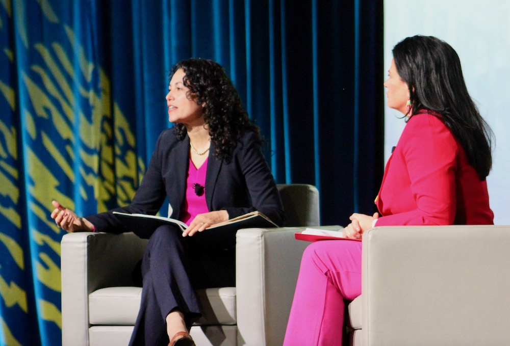 USDA Deputy Secretary Xochitl Torres Small (pictured on left) announced a new Forest Service grant program that will give tribes access to emerging markets during a fireside chat with Heather Dawn Thompson (right), director of the USDA’s Office of Tribal Relations, at the National Congress of American Indians winter session in Washington on Feb. 14, 2004. (Photo: Levi Rickert)