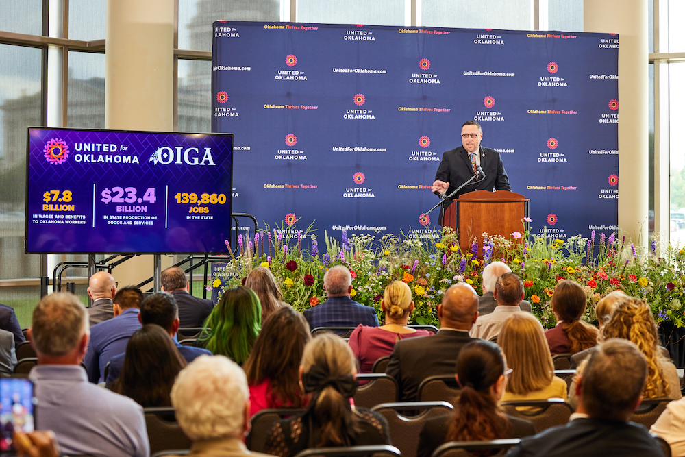 Jacob Keyes, chairman of the Iowa Tribe of Oklahoma, speaks during a press conference unveiling a report showing Oklahoma tribes generated $23.4 billion in economic impact in 2023. Keyes discussed how gaming has powered tribal investments in community projects. (Photo: United for Oklahoma)