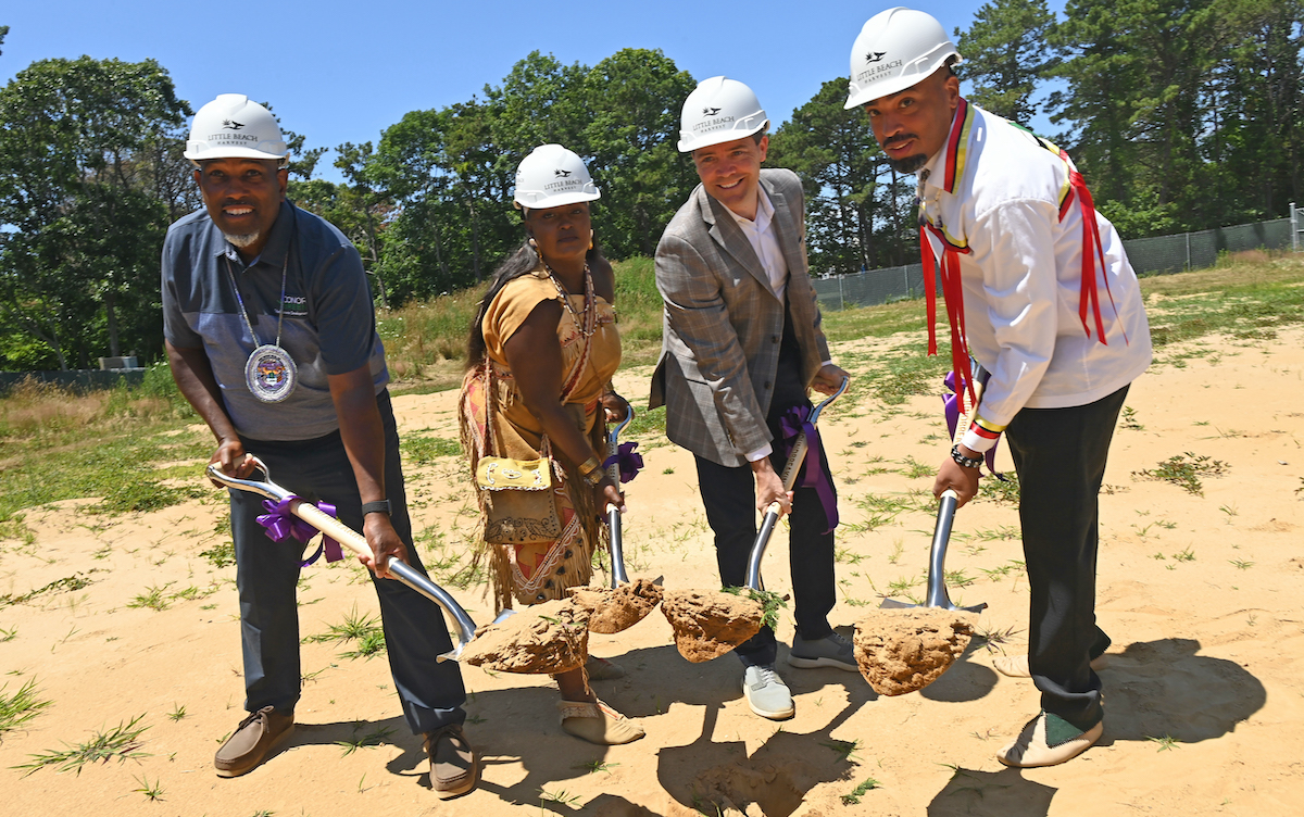 Barré Hamp of Conor Green, Chenae Bullock of Little Beach Harvest, Dana Arvidson of TILT Holdings and Shinnecock Nation Chairman Bryan Polite pose at a groundbreaking ceremony for the tribe’s Little Beach Harvest cannabis enterprise. (Courtesy photo)