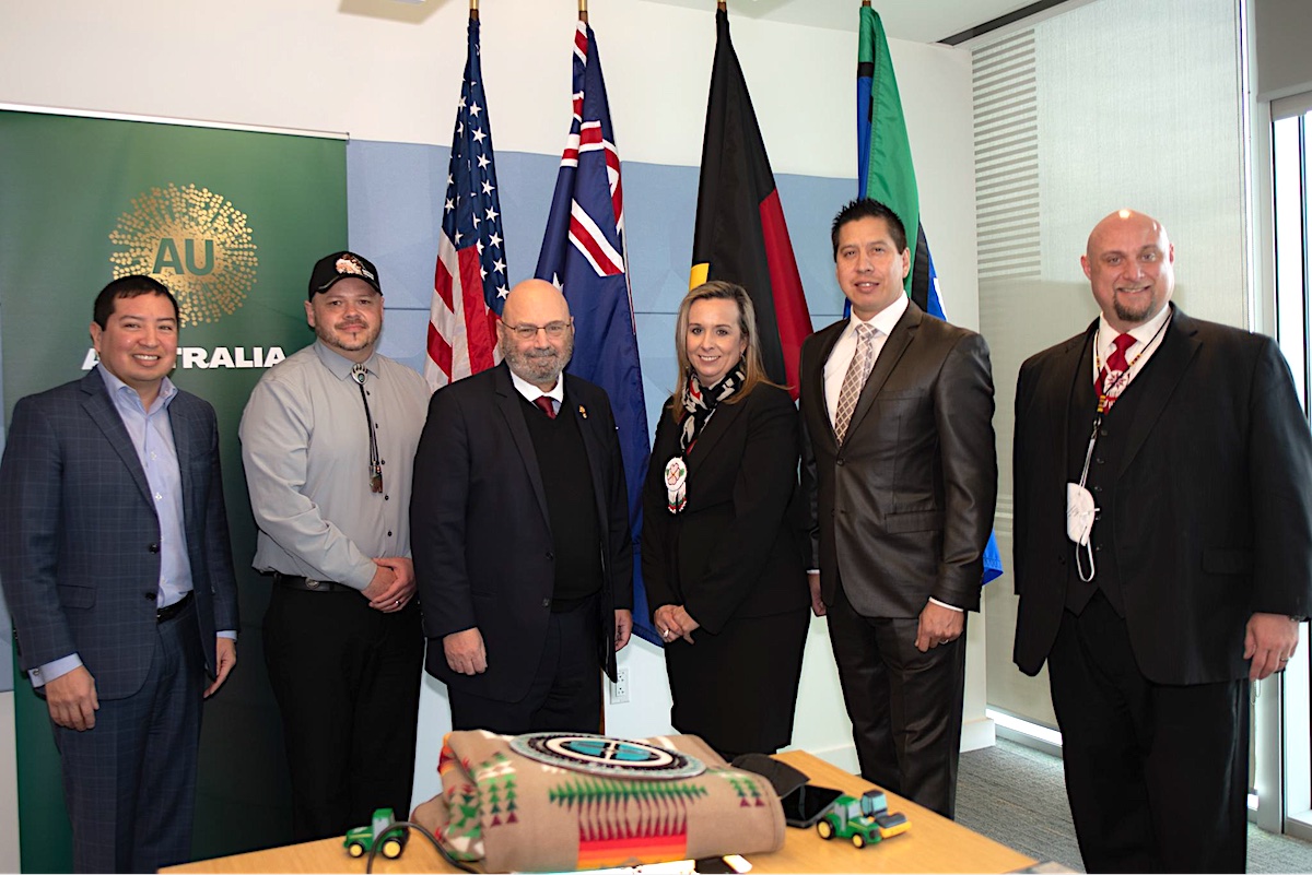 From left, Sickey Global Strategies LLC CEO David Sickey, Iowa Tribe of Kansas and Nebraska Chairman Timothy Rhodd, Australian Ambassador Arthur Sinodinos, Native American Business Association President Amanda Smith, American Indian Chamber of Commerce of Oklahoma President Bailey Walker, and Akana Group President Chad Johnson meet as part of a roundtable discussion on global trade between Indigenous nations. (Courtesy photo)